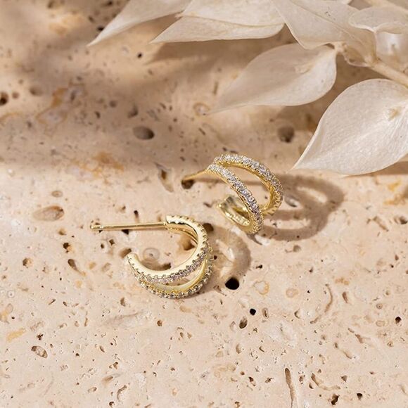 14K Gold Plated & Sterling Silver Huggie Earrings - Picture 1 of 3